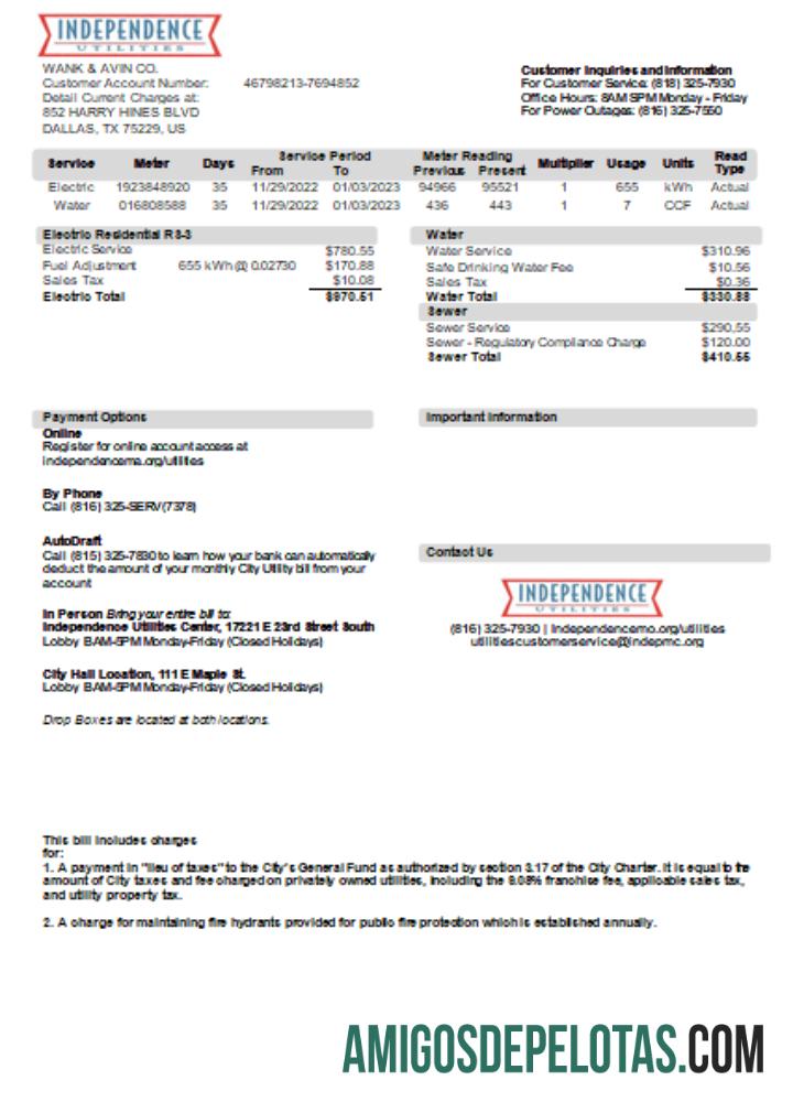Projeto de lei de serviços públicos da cidade de Independence, Missouri, SCR amostra